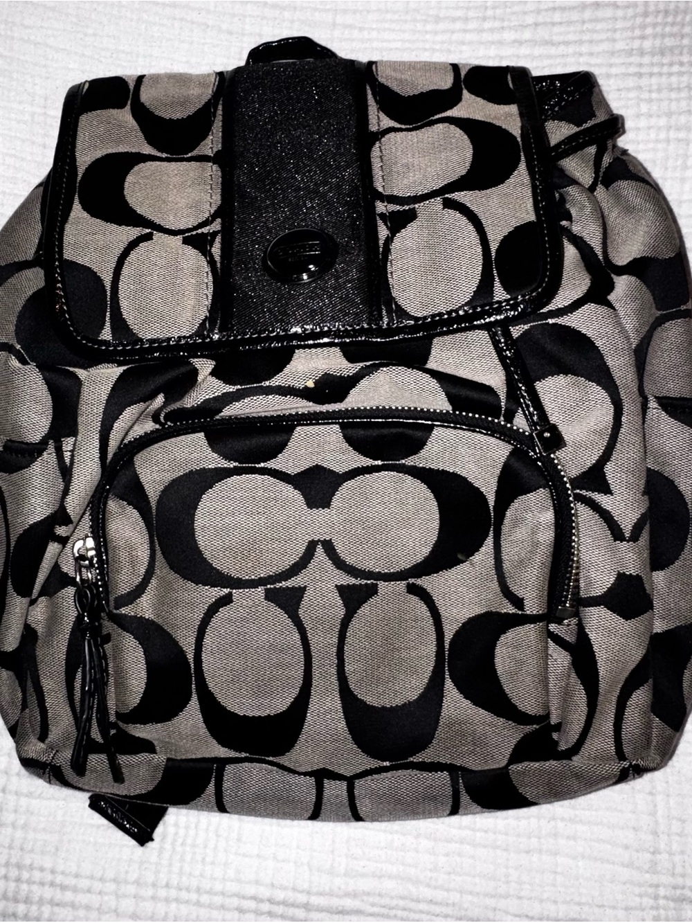 Vintage 90s Coach Classic Signature Nylon Backpack Black Silver EUC